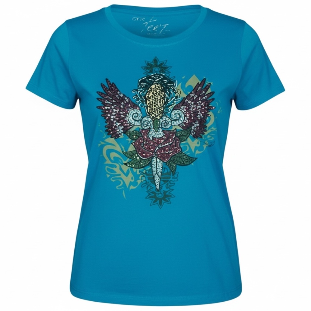 Cache Vintage T-shirt Large L W Rhinestones and a tattoo design. Color blue NWOT